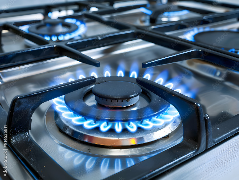 Gas burns on the burner of a gas stove with coins. Background for your design. Neural network AI generated art