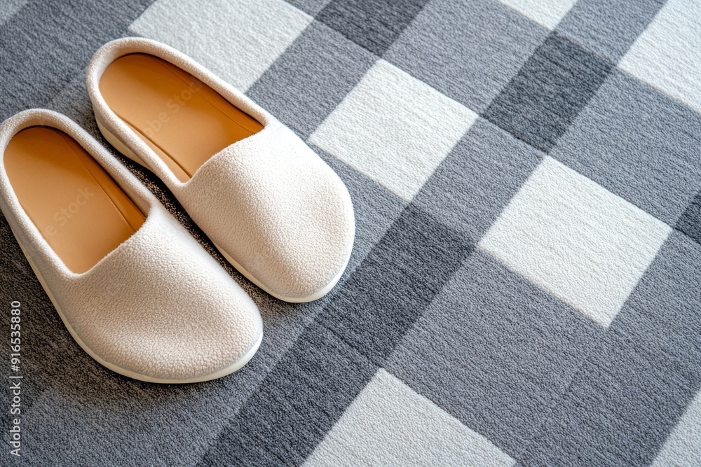 Cozy Soft Slippers on Elegant Beige Carpet with Subtle Gray Patterns Cozy Soft Slippers on Elegant Beige Carpet with Subtle Gray Patterns