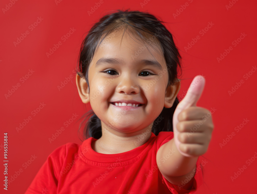 A young girl with a big smile gives a thumbs up in a red shirt against a red background. A young girl with a big smile gives a thumbs up in a red shirt against a red background.