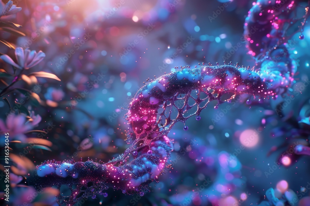 Fototapeta premium Biological mutation illustrated with dynamic DNA strands and cellular structures