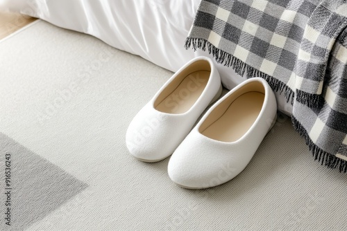 Cozy Soft Slippers on Elegant Beige Carpet with Subtle Gray Patterns