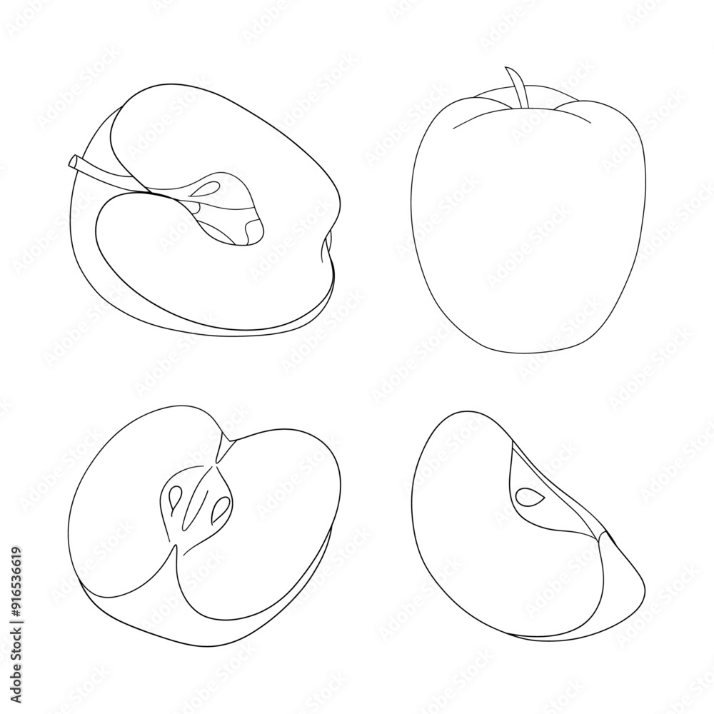 Fototapeta premium Apple fruit different poses outline for coloring on a white background