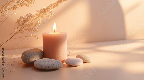 Aesthetic composition with stones and dry flowers. Burning candle on a beige background. AI generation