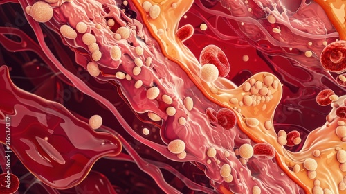 Wallpaper Mural Digital abstract art of red and pink arterial fluid visual of blood flowing through a vein organ, with yellow cells floating inside red with gold dots and swirls Torontodigital.ca