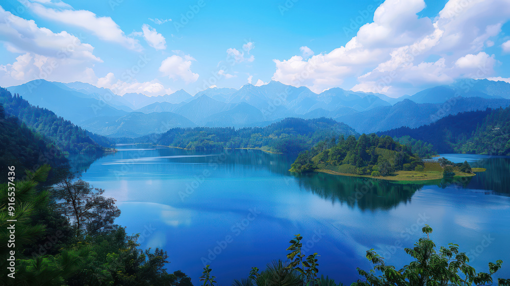 A serene mountain lake scene with clear blue water, lush foliage, and a distant mountain range under a bright blue sky. A serene mountain lake scene with clear blue water, lush foliage, and a distant mountain range under a bright blue sky.