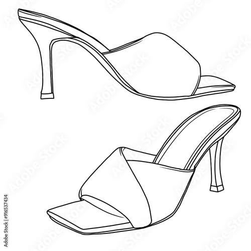 Women’s High Stilettos Heels Mules Open Square Toe Slip On Comfort Line Art, Technical sketch hand drawing outline vector doodle illustration, side view isolated on white background