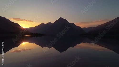 sunset at the end of an amazing day, with mountains and lake reflectioned in it photo