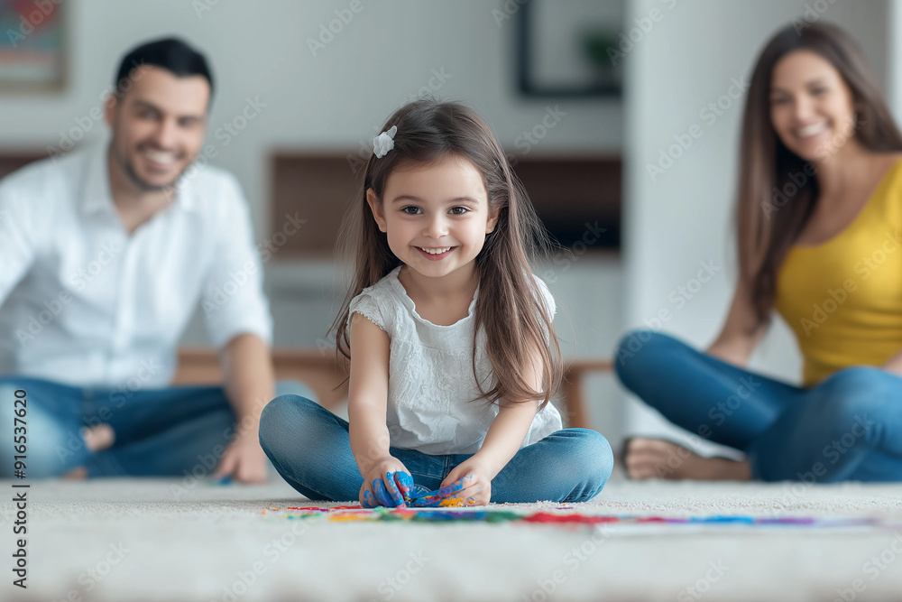 A happy family with a little girl painting at home, capturing a moment of creativity and bonding in a bright, comfortable space. A happy family with a little girl painting at home, capturing a moment of creativity and bonding in a bright, comfortable space.