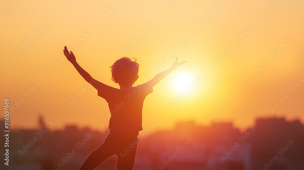 A child silhouetted against a glowing sunset, arms raised in joy, symbolizing freedom and the innocence of youth. A child silhouetted against a glowing sunset, arms raised in joy, symbolizing freedom and the innocence of youth.
