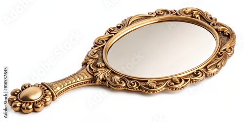 Vintage gold hand mirror with organic shaped frame, isolated on background, gold, vintage