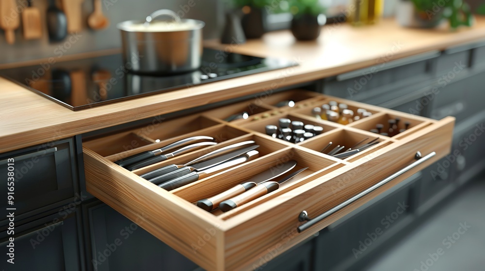 A meticulously organized kitchen drawer filled with various spices and cooking essentials, exemplifying orderliness and efficiency for an enhanced cooking experience. A meticulously organized kitchen drawer filled with various spices and cooking essentials, exemplifying orderliness and efficiency for an enhanced cooking experience.