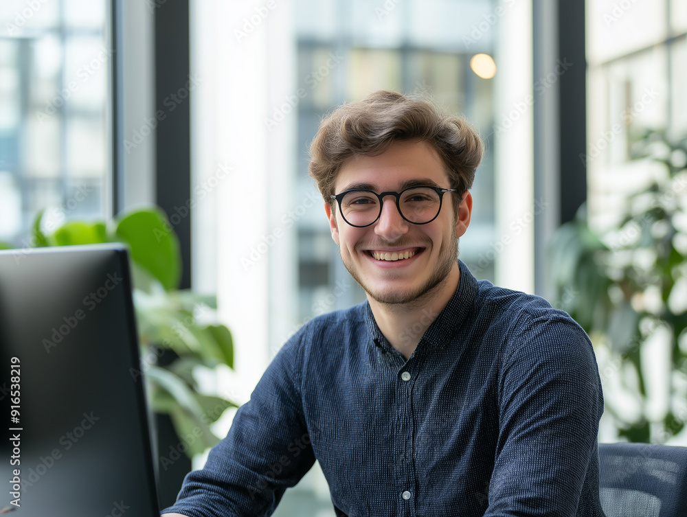 A cheerful young man in a modern office, sitting at his desk, representing optimism and a positive work environment. A cheerful young man in a modern office, sitting at his desk, representing optimism and a positive work environment.