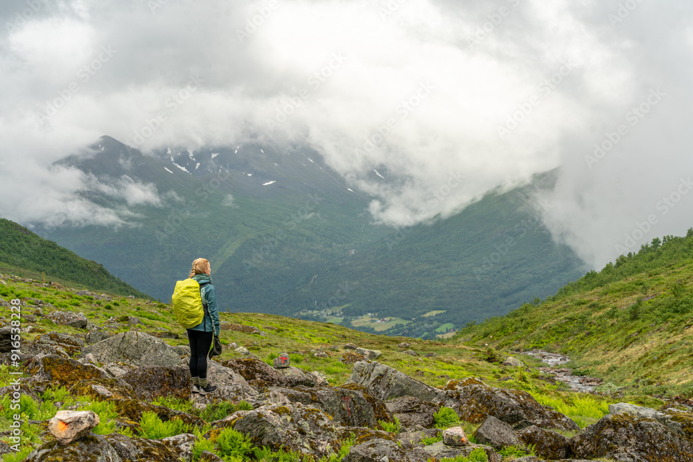 female photographer hiker on the trail in isfjorden fjord in andalsnes on a rainy day female photographer hiker on the trail in isfjorden fjord in andalsnes on a rainy day