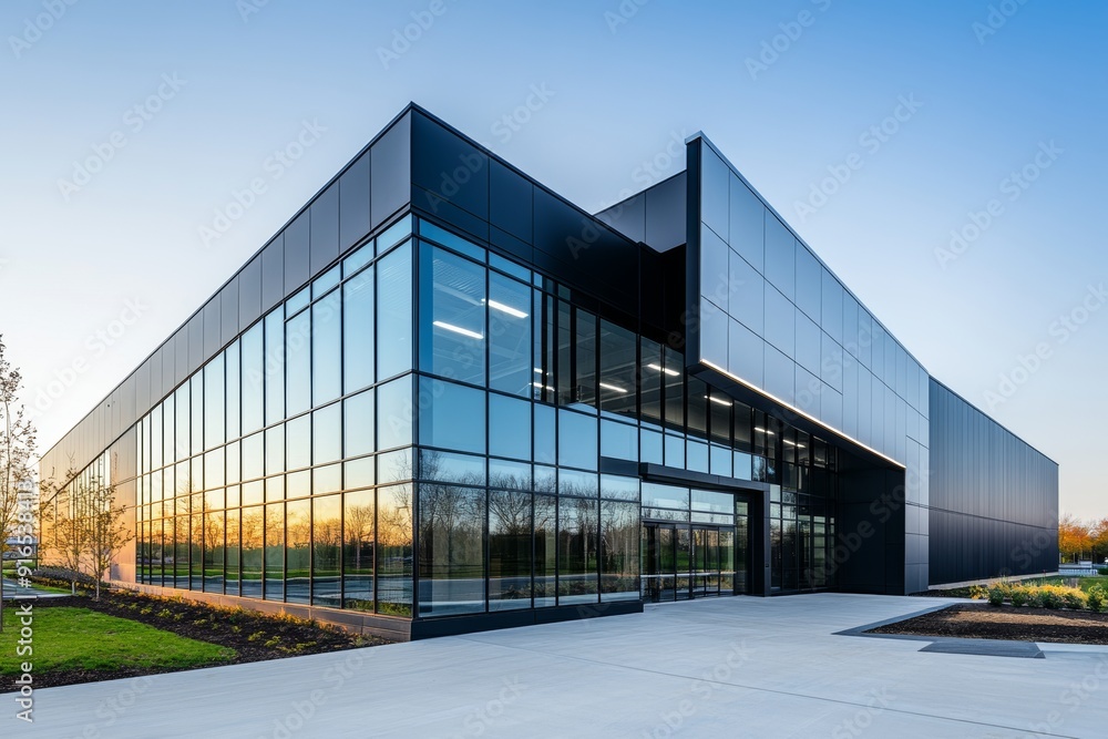 Modern Warehouse Exterior with Large Glass Windows and Blue Sky Background Modern Warehouse Exterior with Large Glass Windows and Blue Sky Background