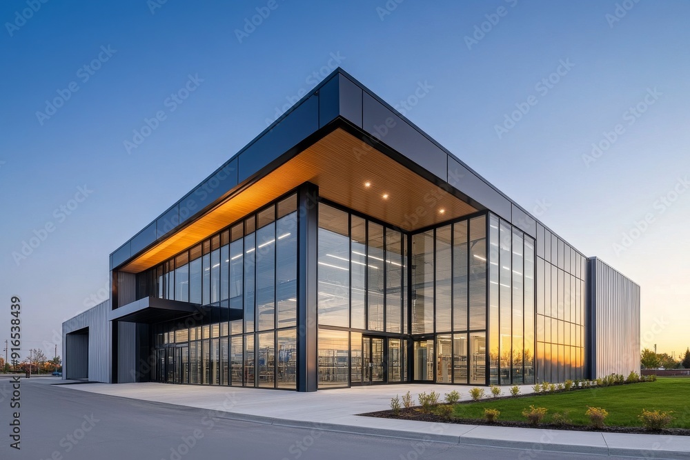 Modern Warehouse Exterior with Large Glass Windows and Blue Sky Background Modern Warehouse Exterior with Large Glass Windows and Blue Sky Background