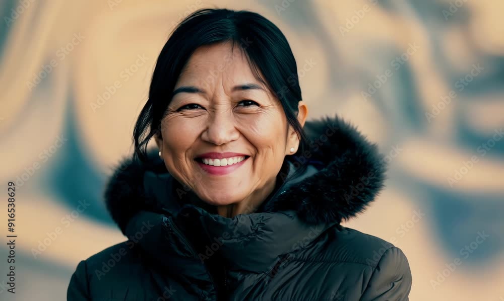Portrait video of a happy Chinese woman in her 40s wearing a warm parka against an abstract background Portrait video of a happy Chinese woman in her 40s wearing a warm parka against an abstract background