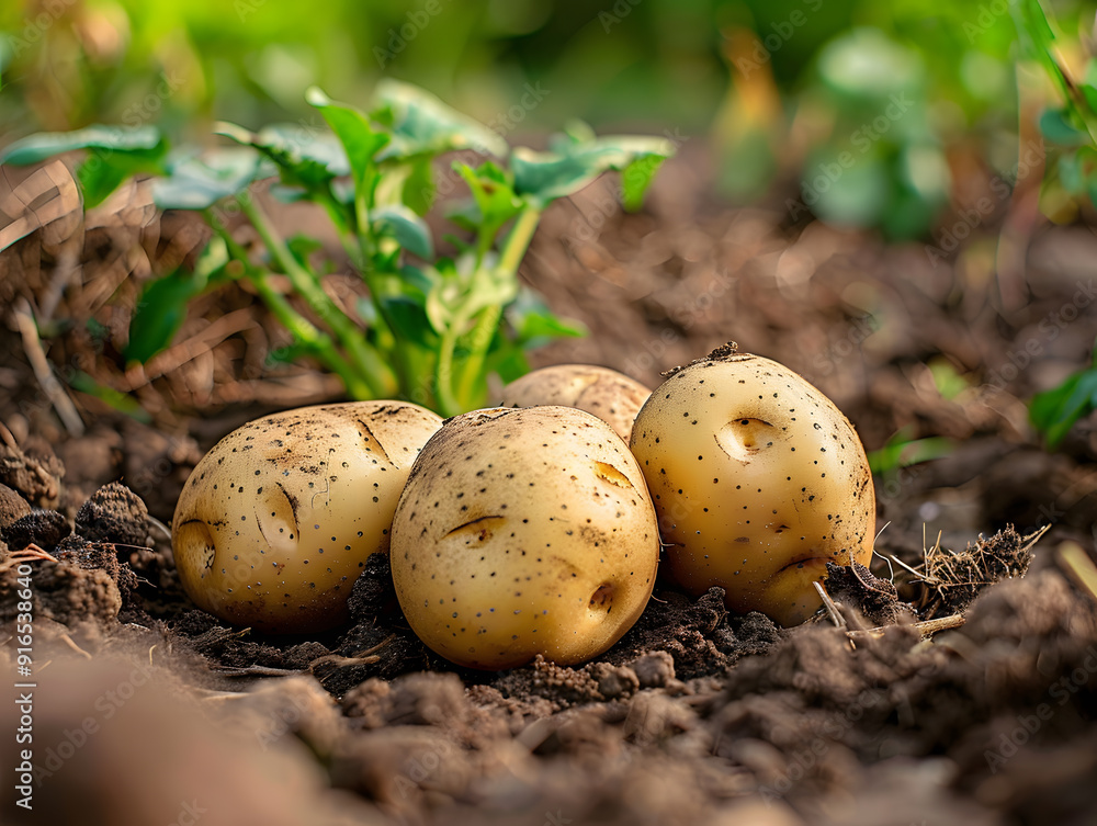Raw potatoes in droplets of water. Neural network AI generated art
