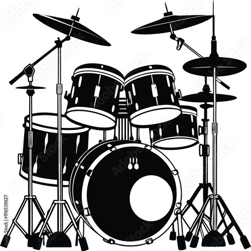 Music drum set silhouette black and white vector illustration