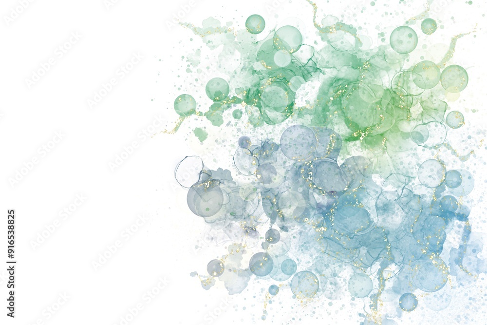 アルコールインクアートの抽象バナー。白背景に青と緑の波とシャボン玉と金色グリッター