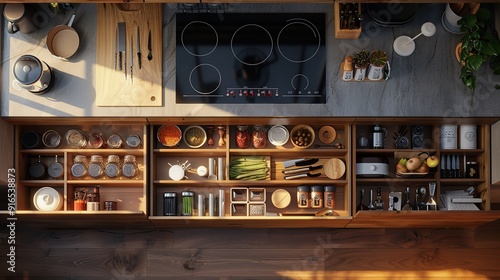 A meticulously organized kitchen drawer filled with various spices and cooking essentials, exemplifying orderliness and efficiency for an enhanced cooking experience.