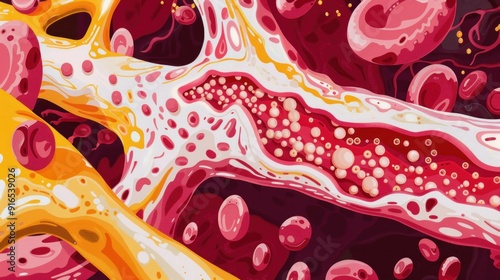 Wallpaper Mural Digital abstract art of red and pink arterial fluid visual of blood flowing through a vein organ, with yellow cells floating inside red with gold dots and swirls Torontodigital.ca