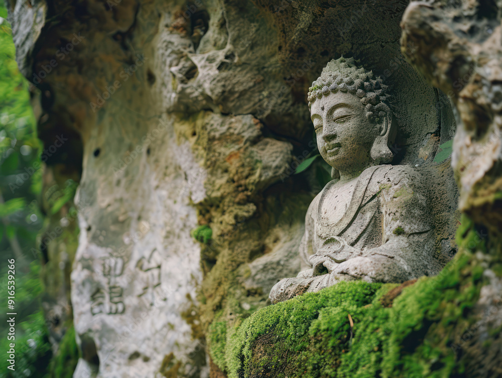 A weathered stone statue of Buddha sits in a rock crevice covered in moss, creating a serene and peaceful scene. A weathered stone statue of Buddha sits in a rock crevice covered in moss, creating a serene and peaceful scene.