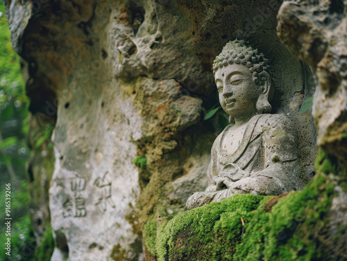 A weathered stone statue of Buddha sits in a rock crevice covered in moss, creating a serene and peaceful scene.