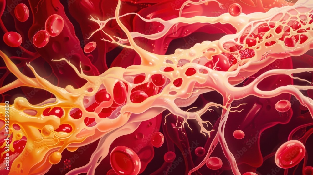 custom made wallpaper toronto digitalDigital abstract art of red and pink arterial fluid visual of blood flowing through a vein organ, with yellow cells floating inside red with gold dots and swirls