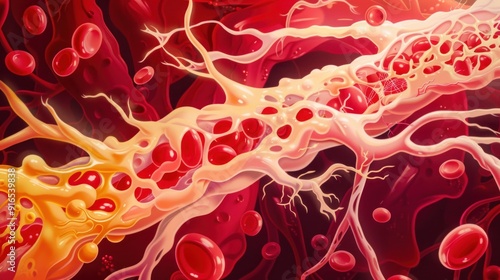 Wallpaper Mural Digital abstract art of red and pink arterial fluid visual of blood flowing through a vein organ, with yellow cells floating inside red with gold dots and swirls Torontodigital.ca