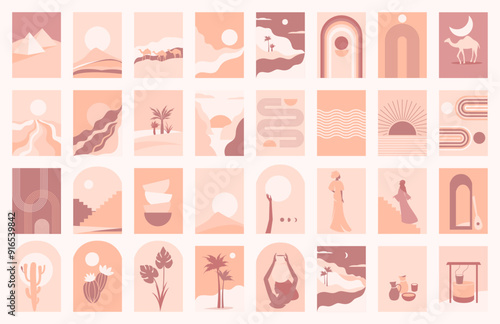 Set of Abstract Modern Posters terracotta colors. Desert landscapes, elements of ancient architecture, caravan, desert plants.  Decorative elements of a rainbow, arches, symbols of balance.