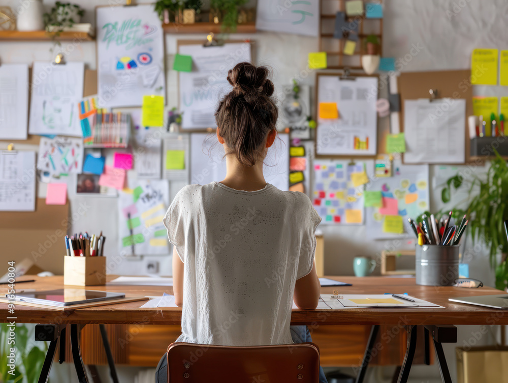 A woman sits at a desk with her back to the camera, facing a wall covered in papers and sticky notes, seemingly working on a project. A woman sits at a desk with her back to the camera, facing a wall covered in papers and sticky notes, seemingly working on a project.
