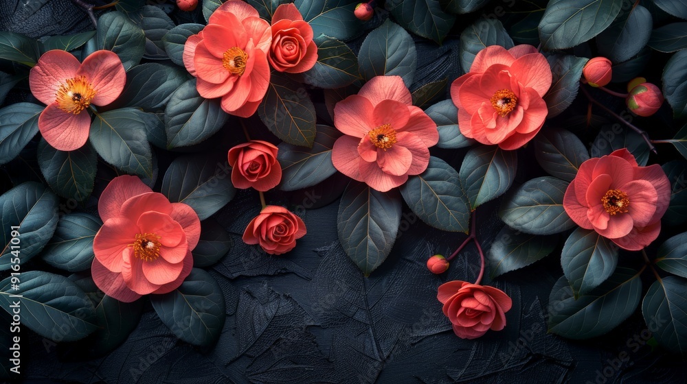 A stylish black background with a bunch of leaves and flowers, offering elegant copy space for a sophisticated look A stylish black background with a bunch of leaves and flowers, offering elegant copy space for a sophisticated look