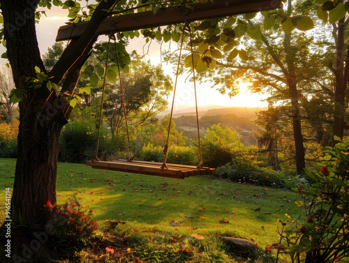 A wooden swing hangs from a tree branch in a forest setting. The image shows a peaceful and serene landscape. photo