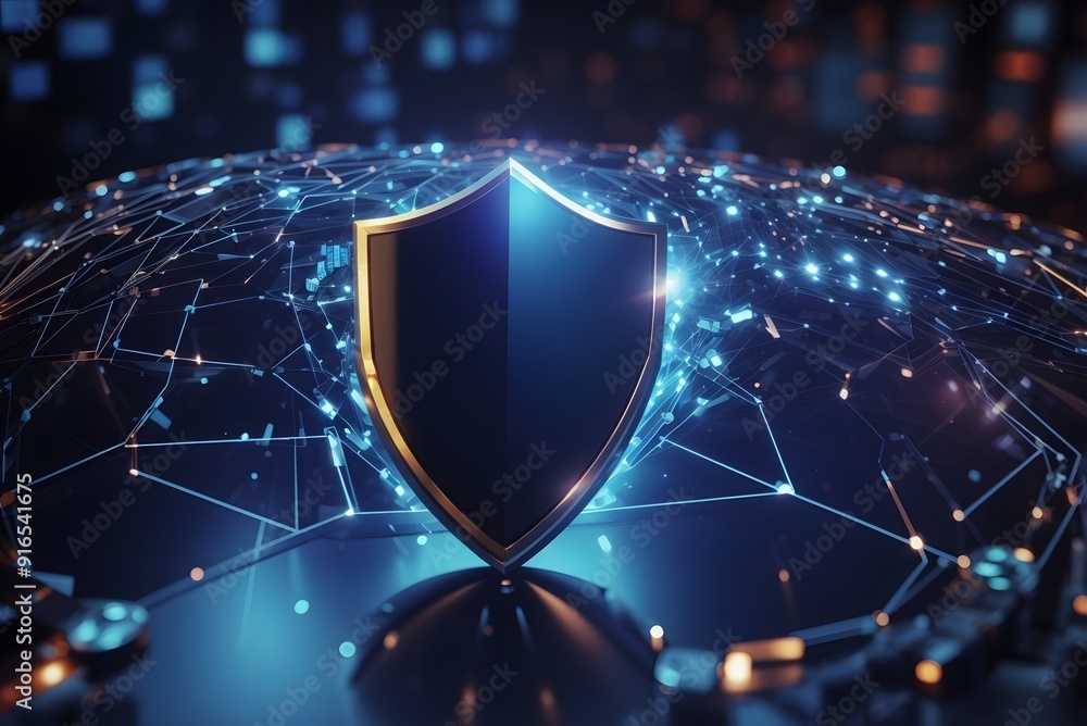 Fototapeta premium Hi-tech Shield of cyber security. Digital data network protection. High-speed connection data analysis. Technology data binary code network conveying. Future technology digital background concept.