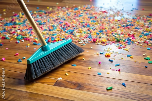 broom sweep confetti on floor. Cleaning after party photo