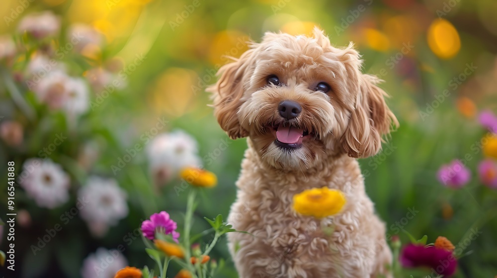A Cockapoo with an abstract garden background, vibrant greens and colorful flowers, creating a lively and playful atmosphere, hd quality, natural look. --ar 16:9 --v 6.0 --s 250 --style raw A Cockapoo with an abstract garden background, vibrant greens and colorful flowers, creating a lively and playful atmosphere, hd quality, natural look. --ar 16:9 --v 6.0 --s 250 --style raw