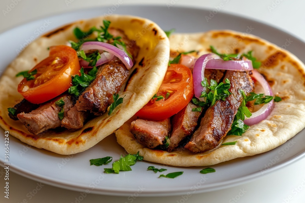 Pita Breads Filled with Grilled Lamb, Red Onion, and Fresh Tomato Slices with Drizzles Pita Breads Filled with Grilled Lamb, Red Onion, and Fresh Tomato Slices with Drizzles
