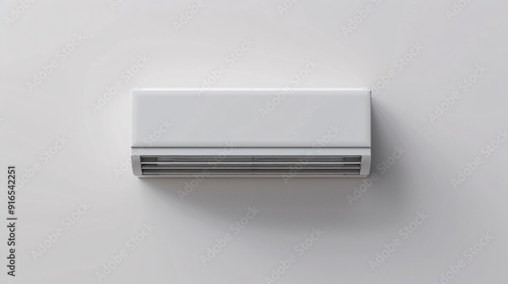 3D visualization. Wall-mounted AC unit on plain background as a standalone object. 3D visualization. Wall-mounted AC unit on plain background as a standalone object.