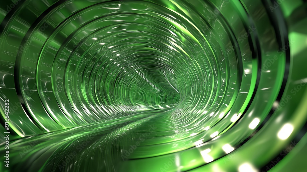 Fototapeta premium A futuristic tunnel with a vibrant green glow, creating a sense of depth and movement, ideal for science fiction themes.