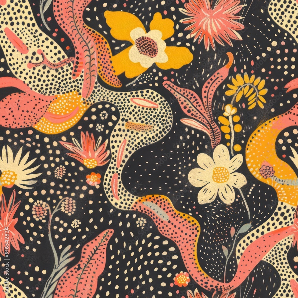 Abstract Floral Pattern with Orange, Yellow and White Flowers on a Black Background. Abstract Floral Pattern with Orange, Yellow and White Flowers on a Black Background.