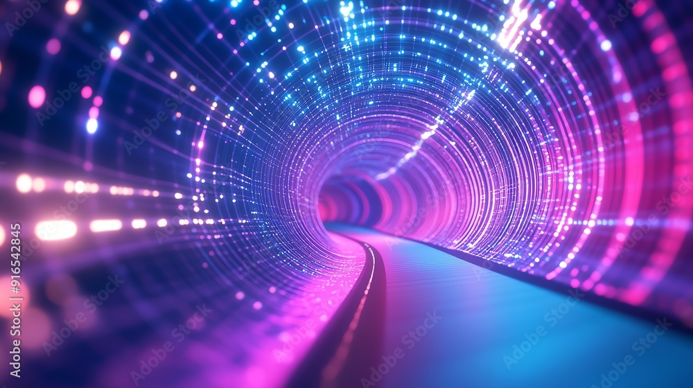 A vibrant digital tunnel illuminated by colorful lights, creating a sense of depth and movement in a futuristic landscape. A vibrant digital tunnel illuminated by colorful lights, creating a sense of depth and movement in a futuristic landscape.