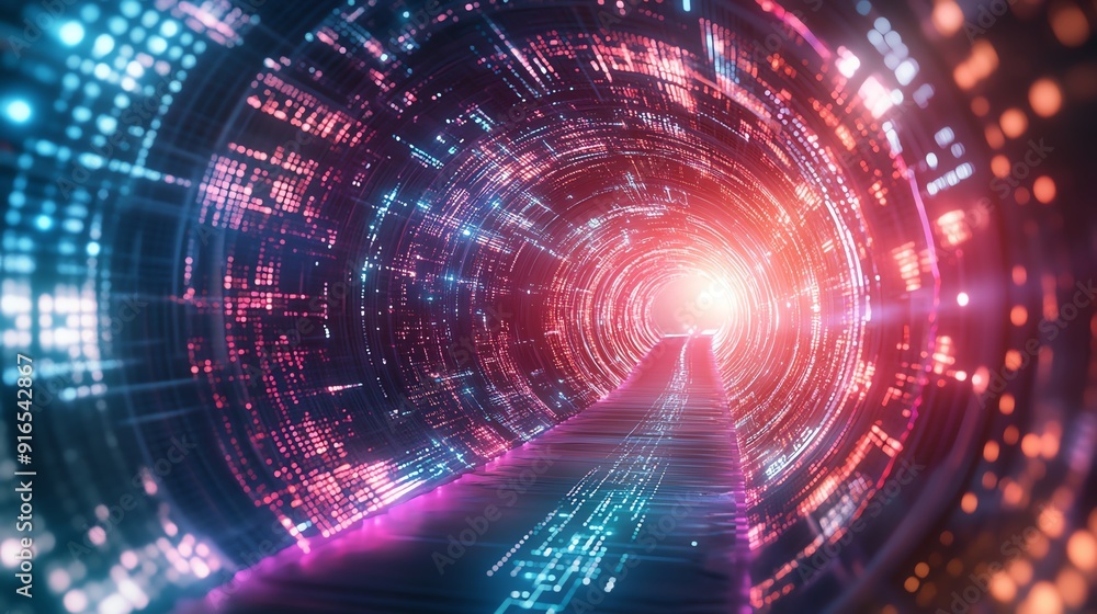 Obraz premium A vibrant digital tunnel illuminated by neon lights, symbolizing futuristic technology and a journey through cyberspace.