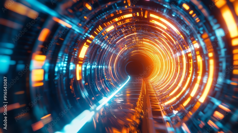 Fototapeta premium A vibrant digital tunnel with intricate glowing patterns, showcasing a futuristic landscape and mesmerizing colors.