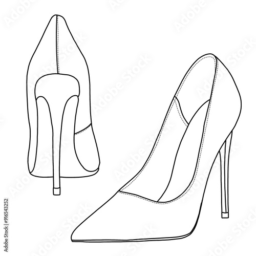 A line drawing of a pair of stylish black Women’s high heel shoes, Technical sketch hand drawing outline vector doodle illustration, side and rear view isolated on white background