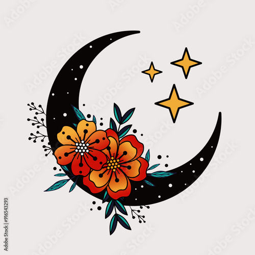 Old school tattoo crescent. Retro romantic tattoo