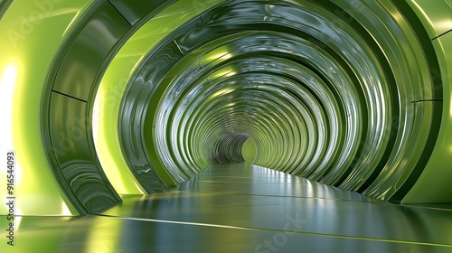 Futuristic tunnel design with smooth curves and vibrant green hues, creating a surreal and modern atmosphere.