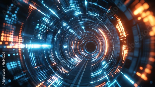 Wallpaper Mural Futuristic tunnel with brilliant blue and orange light patterns, creating a sense of depth and dynamic movement. Torontodigital.ca