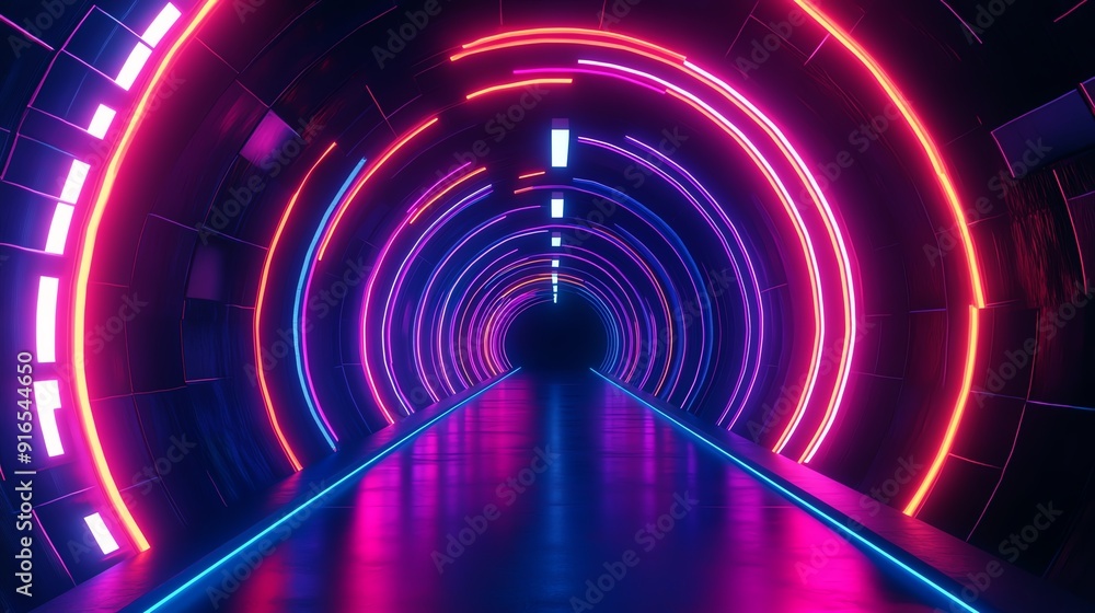 Vibrant neon tunnel with glowing lights creating a futuristic atmosphere. Perfect for digital art and science fiction themes. Vibrant neon tunnel with glowing lights creating a futuristic atmosphere. Perfect for digital art and science fiction themes.