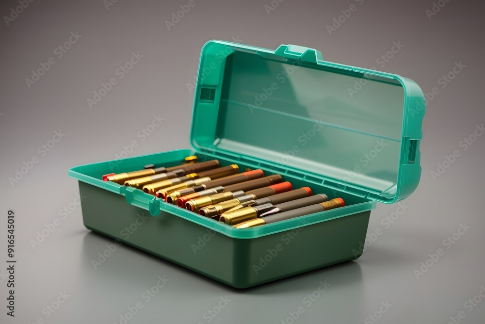 12-gauge shotgun bullet shells and plastic box 12-gauge shotgun bullet shells and plastic box
