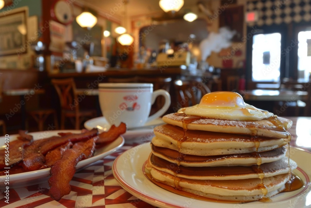 Fototapeta premium Classic American breakfast served in an old-school NYC breakfast restaurant, with vintage decor, cozy booths, and a nostalgic atmosphere, featuring pancakes, eggs, bacon, and coffee